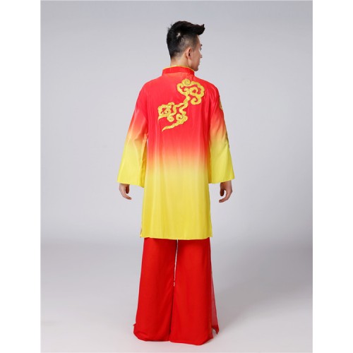 Chinese ancient traditional classical folk dance costumes for men male red with gold dragon drummer kungfu martial dancing clothes robes